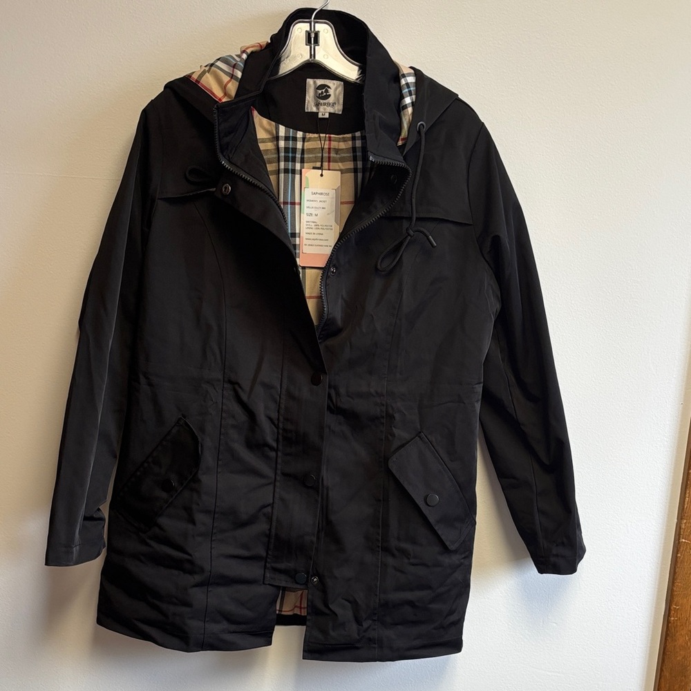 Classic Black Raincoat with Plaid Lining